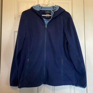 LL Bean Sz L Polartec windbloc full zip hooded jacket med blue front pockets